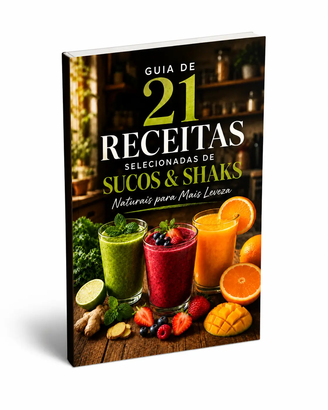 Mockup do BÔNUS 3 — Guia de 21 receitas selecionadas de sucos e shakes naturais para mais leveza.