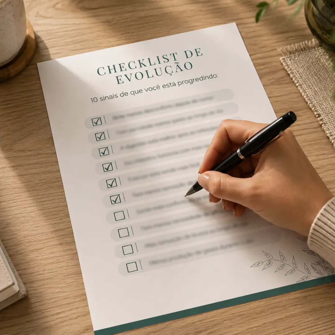 Mockup do BÔNUS 2 — Checklist de Evolução - 10 sinais de que você está progredindo